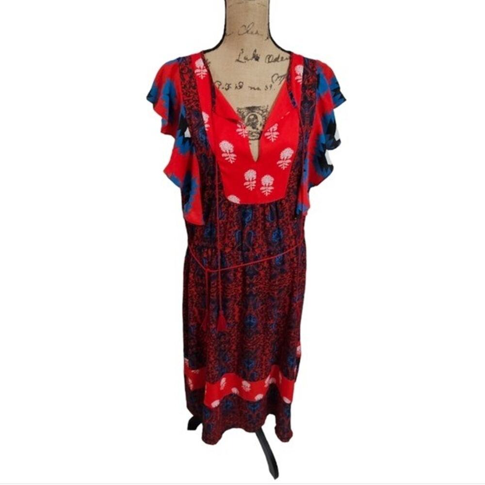 Desigual Red and Blue Boho Flutter Sleeve Midi Dress Size 44 US 10 new!